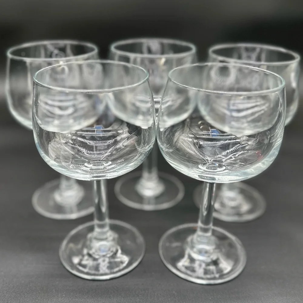🍷 Vintage Set‎ of 5 Clear Stemmed Wine Glasses Coupe Goblets 🍷
